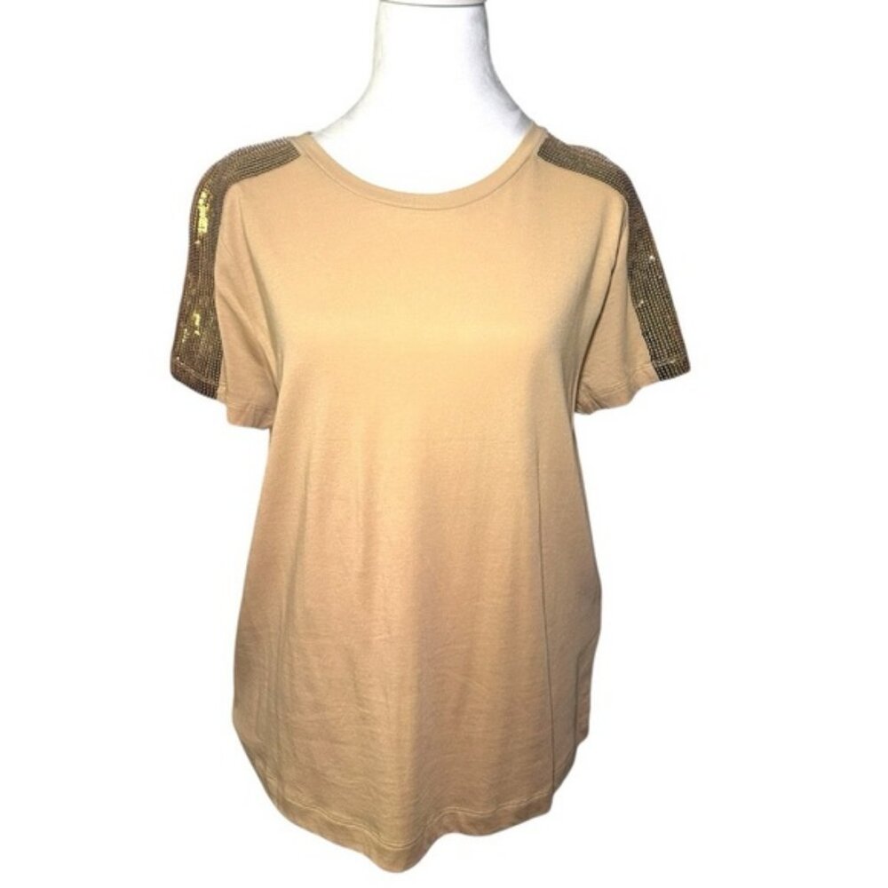 DKNY Sequin Raglan Short Sleeve Tee Cream Tan